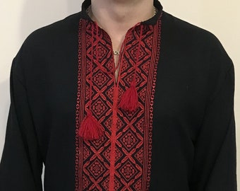 Modern embroidered men's shirt. Handmade linen shirt for man. Ethno folk men's shirt. Gift for him, man. Ukrainian black shirt. Vyshyvanka.