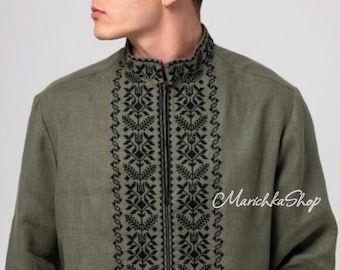 Camisa bordada moderna para hombre. Camisa de lino verde hecha a mano para hombre. Camisa étnica folclórica. Regalo para él, hombre. Camisa verde ucraniana. Vyshyvanka.