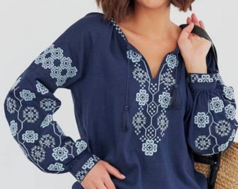 Beautiful Embroidered Blouse. Blue Handmade Blouse. Ethno Folk Blouse For Woman. Gift For Her, Girl, Woman Ukrainian Linen Blouse Vyshyvanka