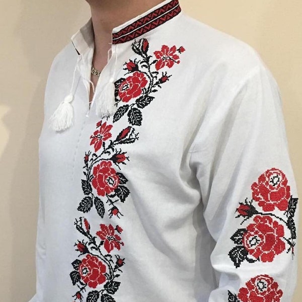 Modern embroidered men's shirt. Handmade natural linen shirt for man. Enhno folk shirt. Gift for him, man. Ukrainian white shirt Vyshyvanka.