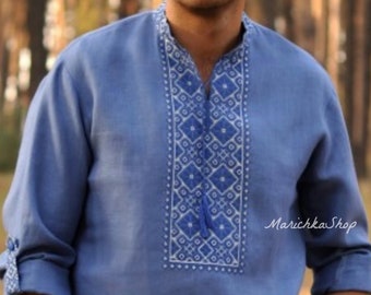 Modern embroidered men's shirt. High quality materials. Mens embroidery. Ukrainian Linen Shirt. Gift for gim, man. Ethno Folks Blue Shirt.