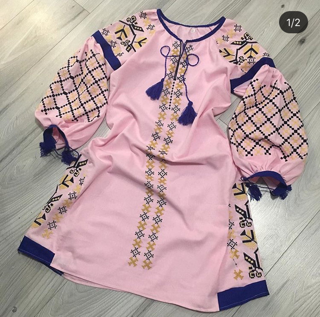 Beautiful Rosegold Embroidered Dress. Ethno Folk Dress for Woman. Gift for Her. Handmade Dress