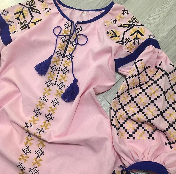 Beautiful Rosegold Embroidered Dress. Ethno Folk Dress for Woman. Gift for Her. Handmade Dress