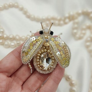 Handmade Embroidered Beetle Brooch in Basic Neutral Beige with Crystals and Dimensional Wings as a Perfect Gift for Women, Insect Brooch