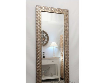 Full Length Wall Mirror Wood Square Mosaic Design Frame Champagne Antique Silver Colour Bevelled Edge Mirror 132x46cm (52x18 inches)