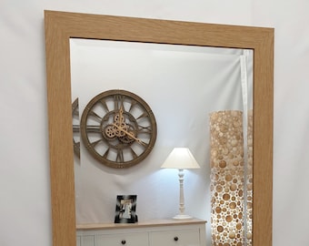 Natural Light Oak Finish Wood Frame Wall Mirror Rectangular Bevelled Glass 90x65cm