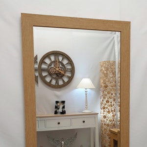 Natural Light Oak Finish Wood Frame Wall Mirror Rectangular Bevelled Glass 90x65cm