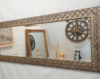 Full Length Wall Mirror Wood Square Mosaic Design Frame Champagne or Antique Silver Colour Bevelled Edge Mirror 132x53cm (52x21 inches)