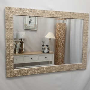 Misar Modern Geomatric Carved Wood Frame Wall Mirror Bevelled 106x76cm Cream