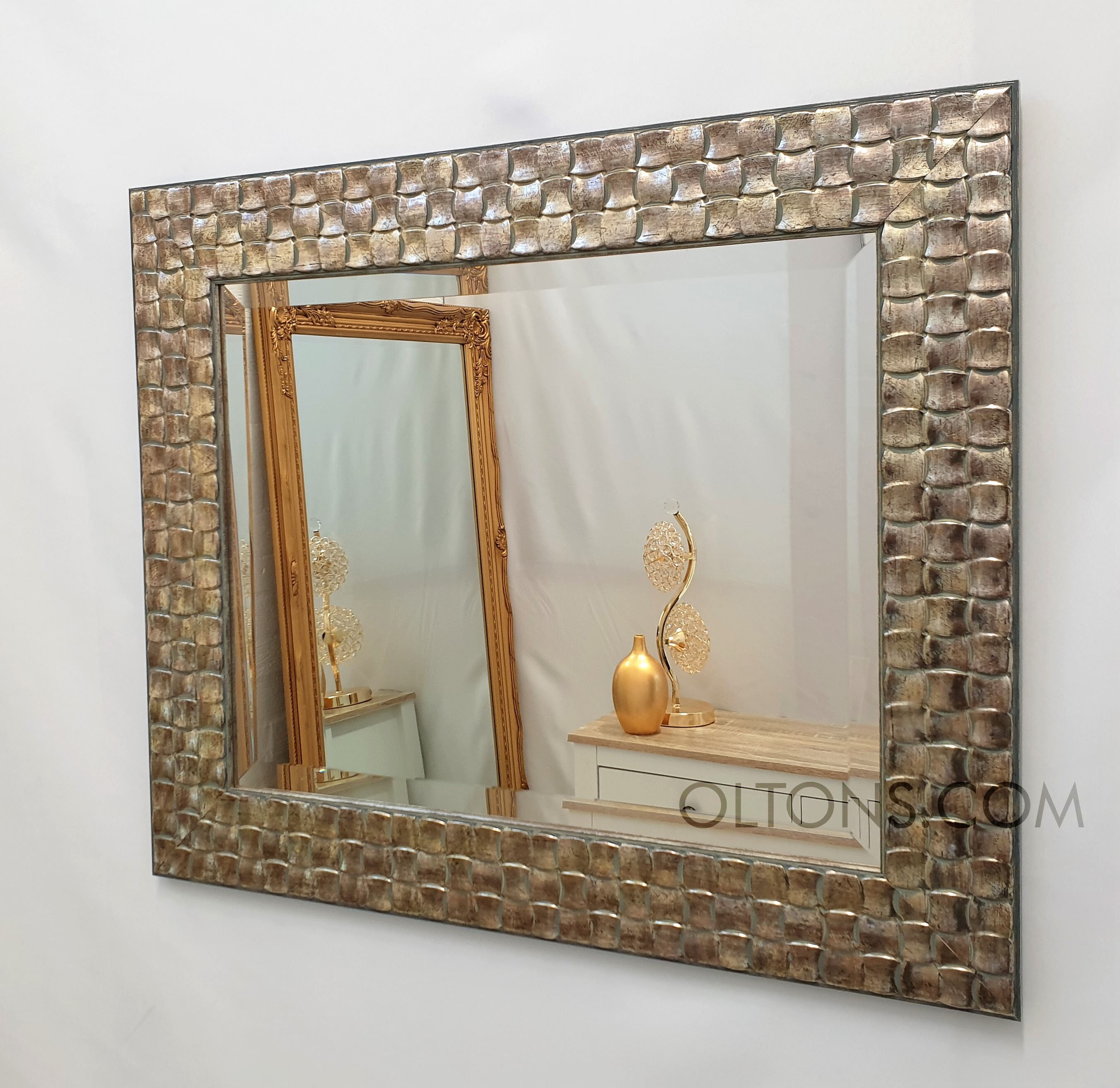 Wall Mirror Wood Square Mosaic Design Frame in Champagne or Antique Silver Bevelled Edge Mirror