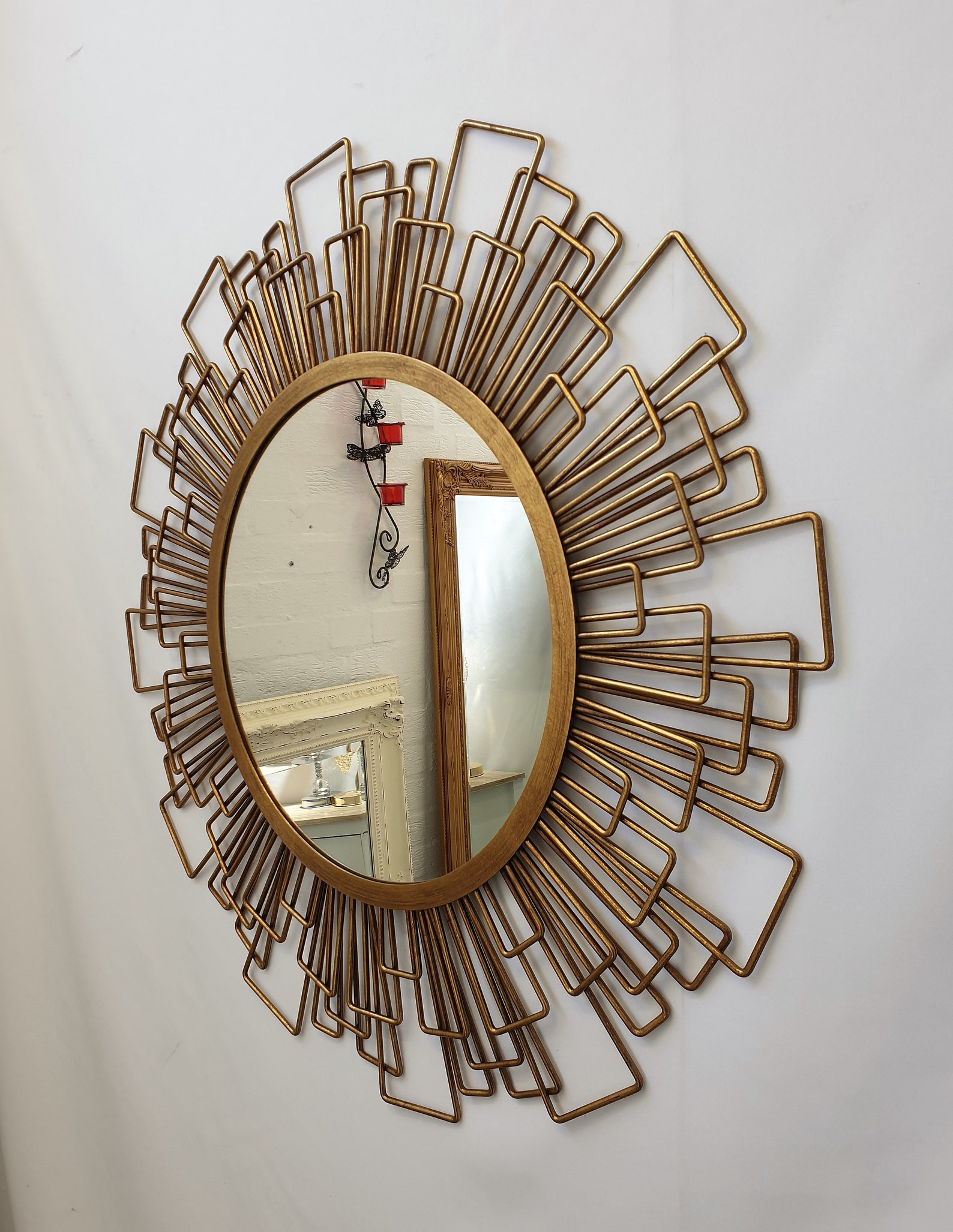Large Metal Wire Frame Round Wall Mirror Gold Geometric