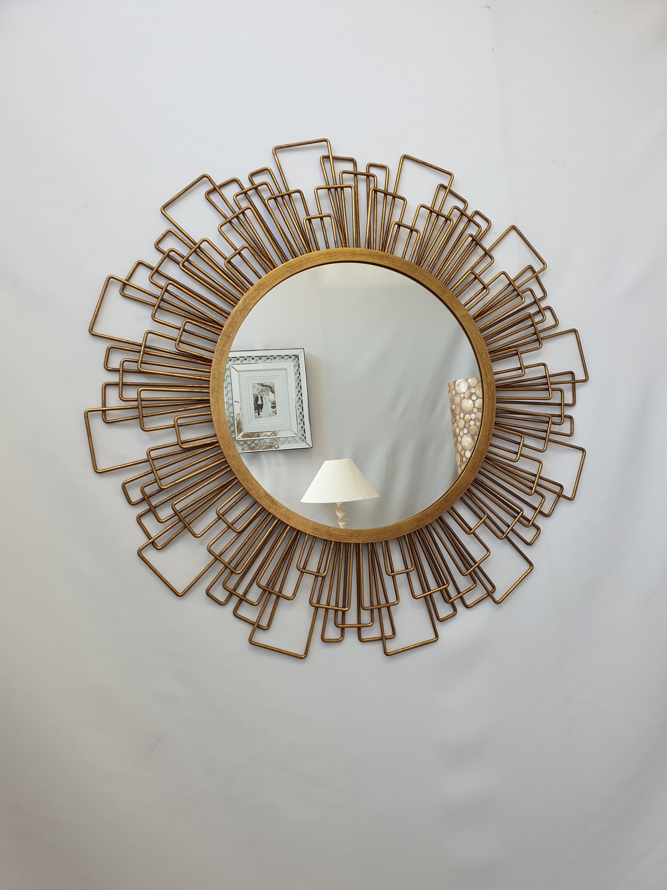 Large Metal Wire Frame Round Wall Mirror Gold Geometric