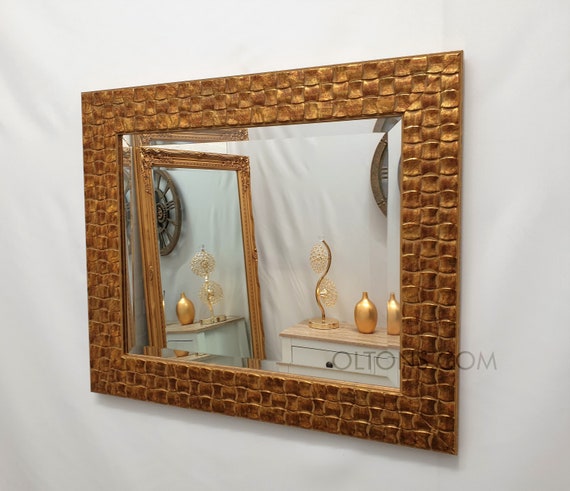 Espejo de Pared Marco de Diseño de Mosaico Cuadrado de Madera en Color  Dorado Espejo de Borde Biselado 106x76cm 42x30 pulgadas -  España