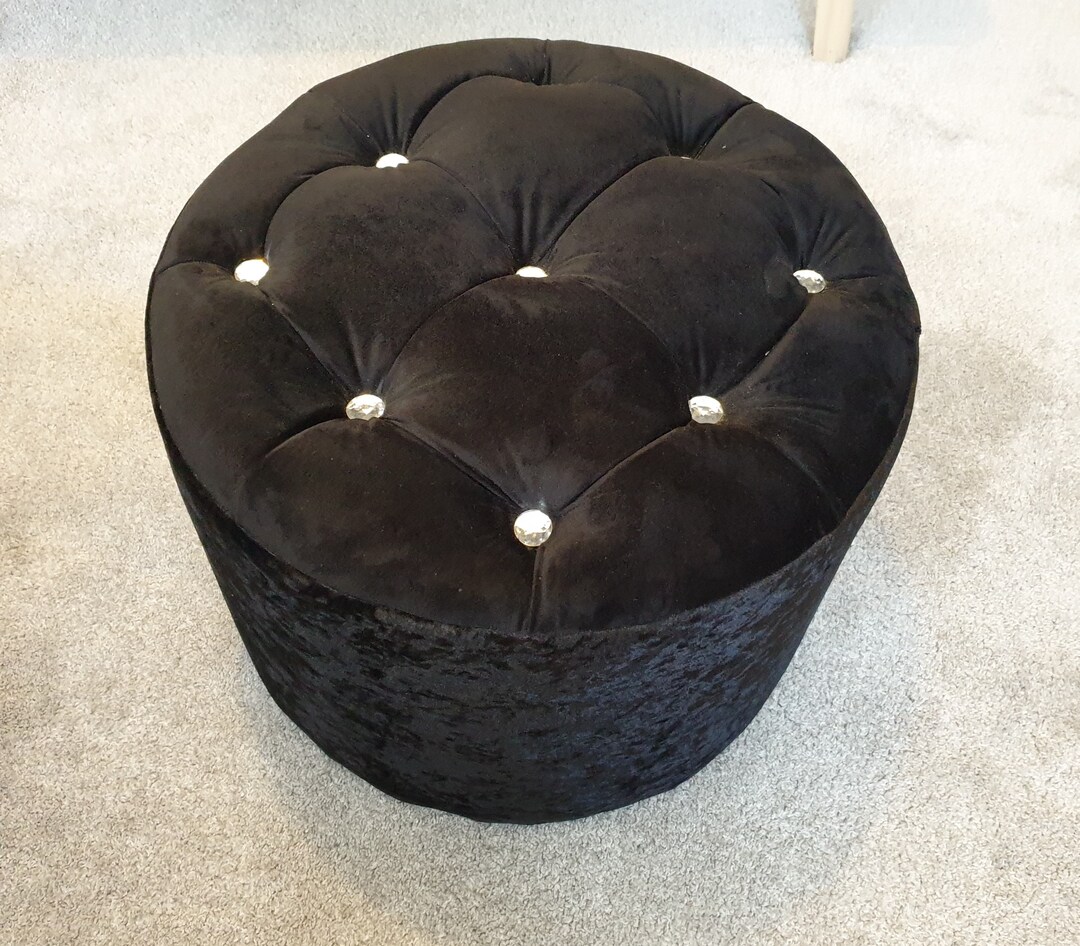 Handmade Black Velvet Footstool With Crystal Design - 49cm Round Pouf ...