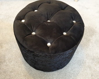 Footstool Handmade Black Valvet Fabric with Crystal Design 49cm Round Solid Strong Qulity Frame Pouffee Seat Handmade UK