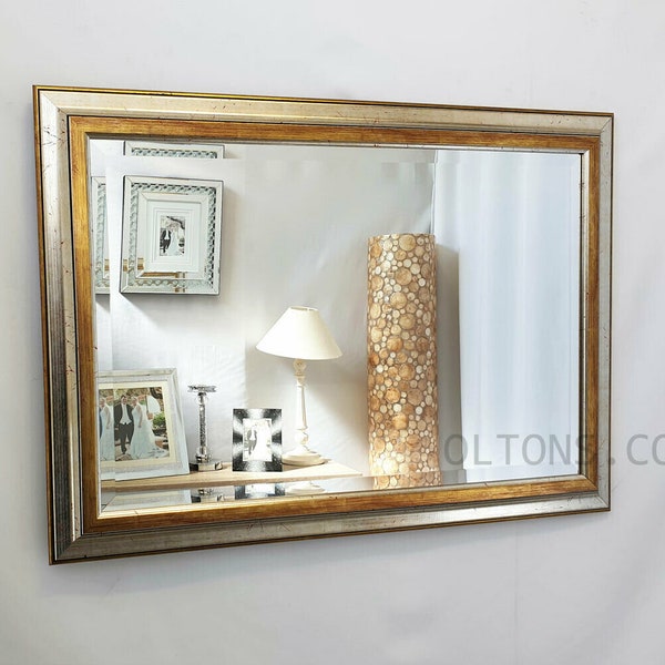 Miroir mural antique avec cadre en bois argenté et doré biseauté, 66 x 56 cm (26 x 22 pouces), petit