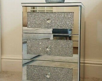 Silver Glitter Mirror Glass Bedside Table Cabinet 3 Drawer Chest Unit Crystal Handles White Bedroom Furniture