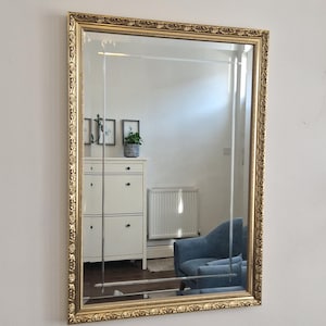 Ornate Design Gold Frame Wall Mirror Beveled Glass Engraved Etched 84x59cm
