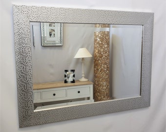 Cassandra Silver Wood Mosaic Wall Mirror Metallic Finish Bevelled Glass 107x76cm