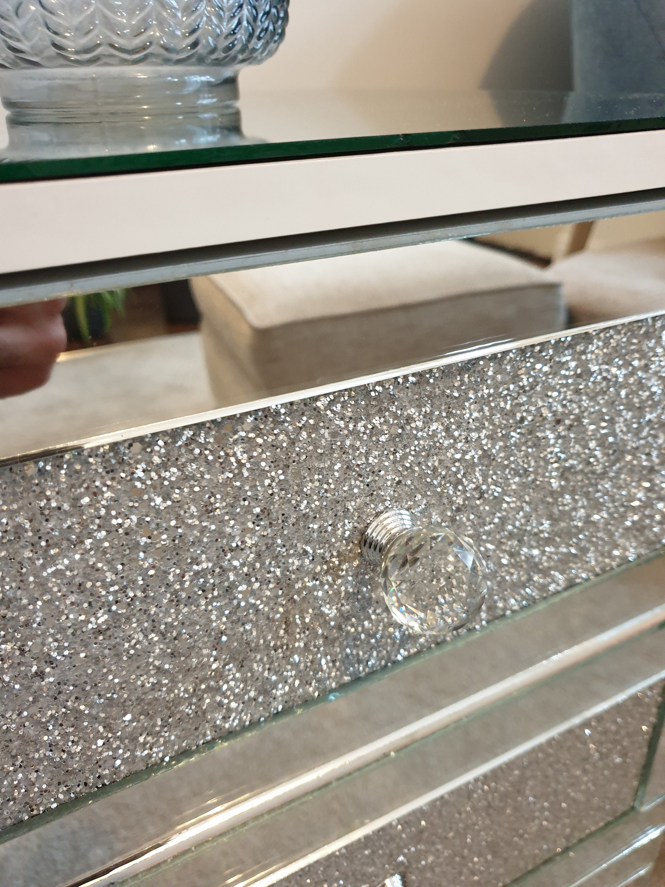 Silver Glitter Mirror Glass Bedside Table Cabinet 3 Drawer Chest Unit Crystal Handles White Bedroom Furniture - Etsy Silver Glitter Mirror Glass Bedside Table Cabinet 3 Drawer Chest Unit Crystal Handles White Bedroom Furniture - Etsy