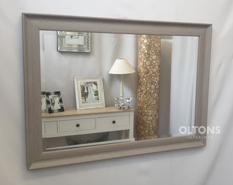 New Modern Contemporary Grey Wood Frame Wall Mirror Bevelled Glass 106x76cm Curve Design Made in UK
