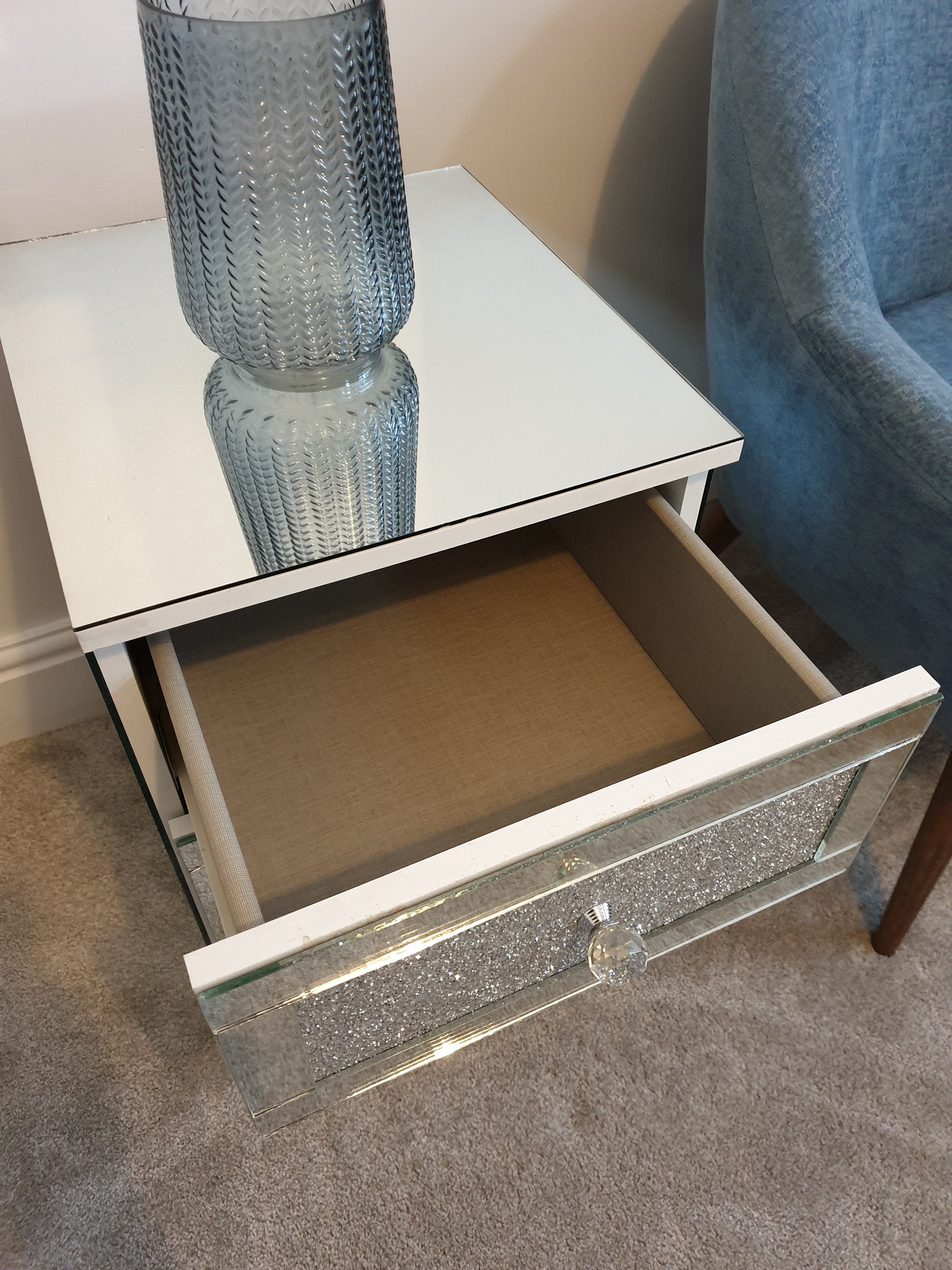 Silver Glitter Mirror Glass Bedside Table Cabinet 3 Drawer Chest Unit ...