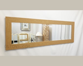 OLTONS Natural Oak Finish Wood Frame Wall Mirror Rectangular Bevelled Glass 132x46cm Modern Home Decor Full-Length Long Design Made in UK