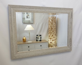 Marina Wood Frame Wall Mirror Whitewash Natural Finish Bevelled Glass 106x76cm