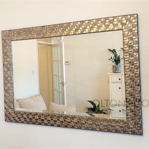 Wall Mirror Wood Square Mosaic Design Frame in  Champagne or Antique Silver Bevelled Edge Mirror 117x92cm (46x36 inches)