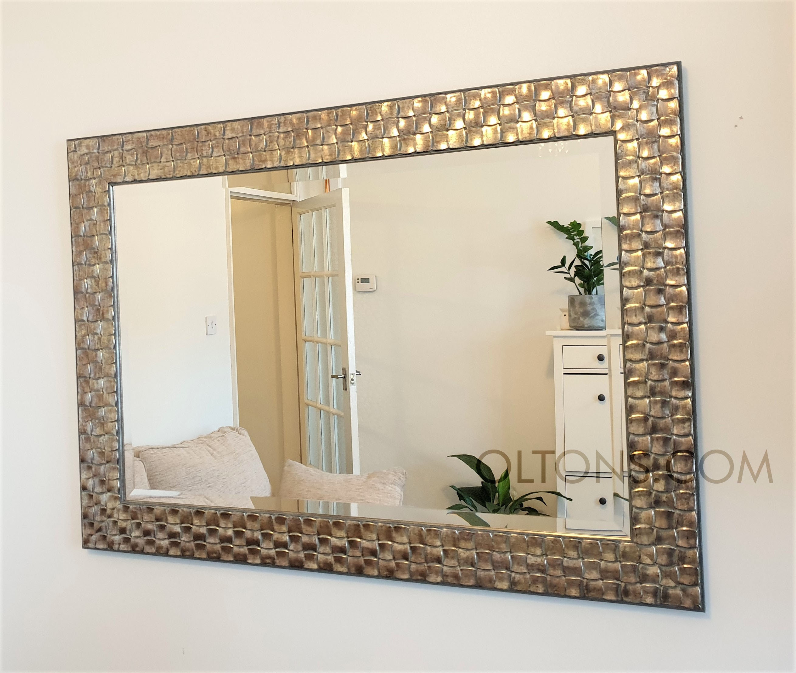 Wall Mirror Wood Square Mosaic Design Frame in Champagne or