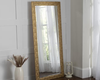 Full Length Wall Mirror Wood Square Mosaic Design Frame in Gold Colour Bevelled Edge Mirror 130x46cm (52x18 inches)