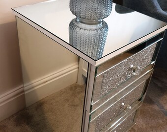 Silver Glitter Mirror Glass Bedside Table Cabinet 3 Drawer Chest Unit Crystal Handles White Bedroom Furniture - Etsy Silver Glitter Mirror Glass Bedside Table Cabinet 3 Drawer Chest Unit Crystal Handles White Bedroom Furniture - Etsy