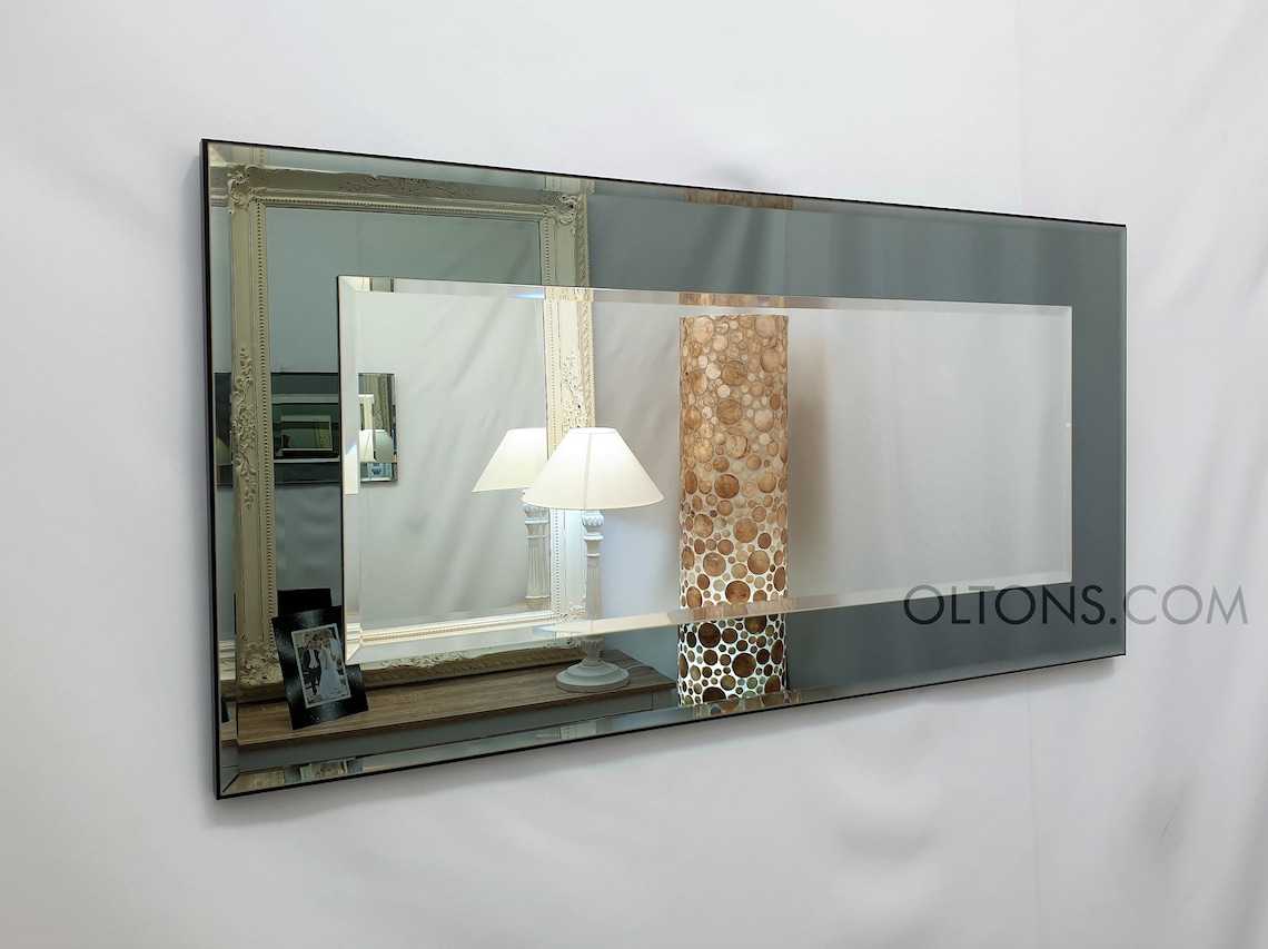 Marietta Wall Mirror Grey Smoked Glass 80x40cm Black Frame 2 Layer