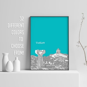 May include: A turquoise blue poster with a black and white illustration of the city of Vodice, Croatia. The poster has the text "Vodice" printed in white.