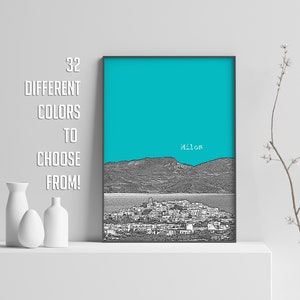 Stampa di Milos, Skyline di Milos, Poster di Milos, Poster di viaggio - Milos, Grecia, Arte dei monumenti - Decorazione murale con paesaggio urbano in Grecia