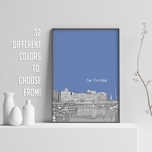 La Coruña City Poster Skyline Wall Art #1 / Decoración de la pared de la sala de estar / Póster de viaje moderno / España Europa Paisaje urbano