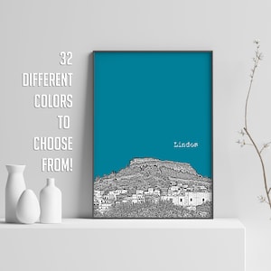 Lindos City Poster Skyline Wall Art | Living Room Wall Decor | Modern Travel Poster | Rhodes Island Greece Cityscape
