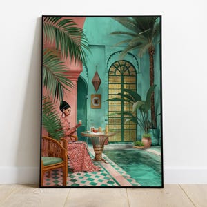 Poster Marocco, Marrakech, Stampa di viaggio Marocco, Illustrazione Arte murale, Arredamento africano, Regalo per lei, Arte murale eclettica, Metà secolo