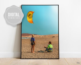 Kite Surf Photography, Ocean Water Wall Art Print, Kite Surfing Decor, Coastal Beach, Canary Islands Printable Poster, Digital Download