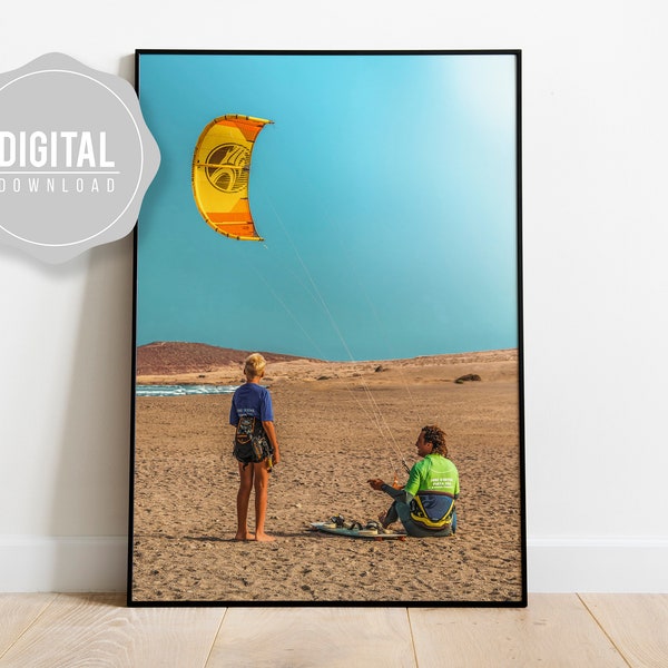 Kite Surf Photography, Ocean Water Wall Art Print, Kite Surfing Decor, Coastal Beach, Canary Islands Printable Poster, Digital Download