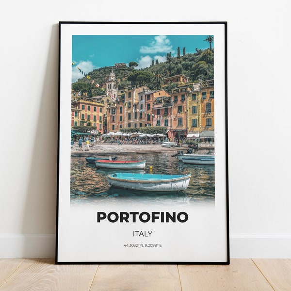 Portofino Port City Print - PRINTABLE WALL ART - Office Decor, Cityscape Print, Modern Travel Poster / Italy Town Harbour Livingroom Print