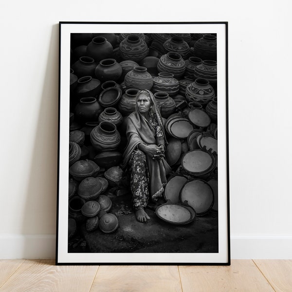 India Poster, Indian Art - PRINTABLE WALL ART - Living room Decor, People Portrait, Black and White Print