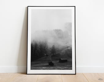 Foggy Forest Print: Black and White Landscape, Cabin Decor