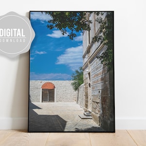 May include: A photograph of a narrow, stone alleyway with a wooden door and a blue sky overhead. The alleyway is lined with stone walls and there is a tree growing on one side.