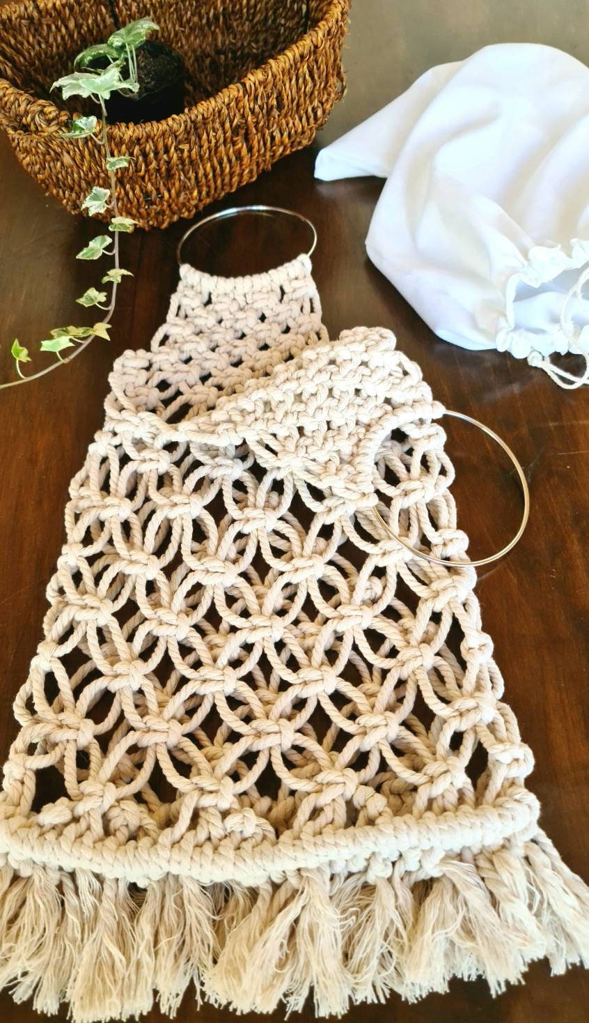 Macrame bag handmade removable inner drawstring pocket market Etsy