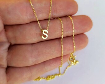 14K Solid Gold Dainty Initial Necklace, 3D Letter Pendant, Custom Letter Charm Necklace, Minimalist Birthday Gift For Her, Layering Necklace