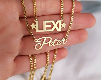 14k Gold Gothic Name Necklace with Curb Chain, Personalized Birthday Gift
