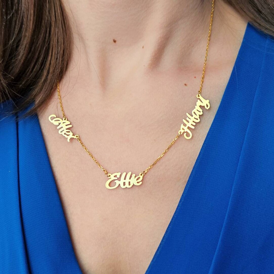 Triple Name Necklace, Family Necklace, Children Names Necklace, 14K Solid Gold Name, Mom