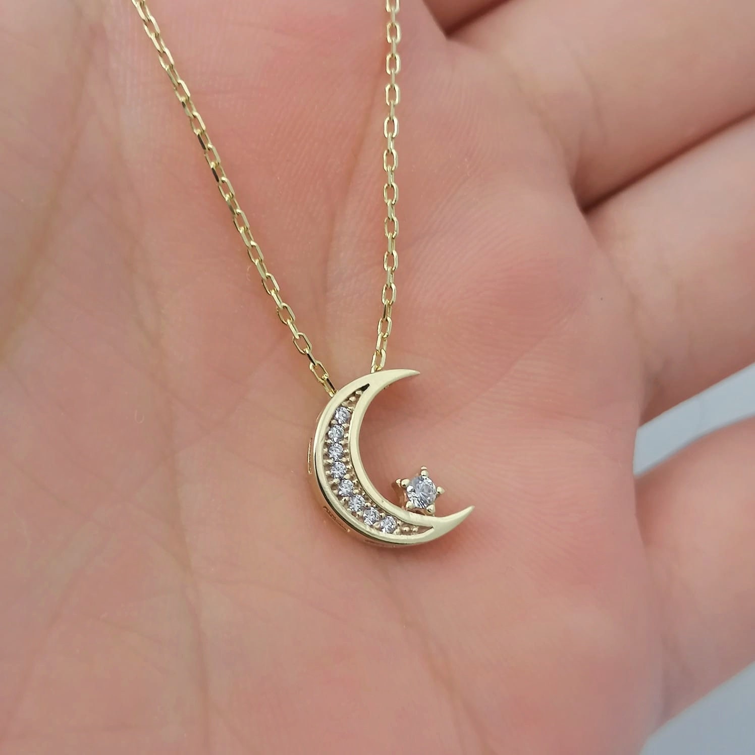 14K Gold Moon Star Necklace: Dainty Crescent Pendant, Handmade - Etsy