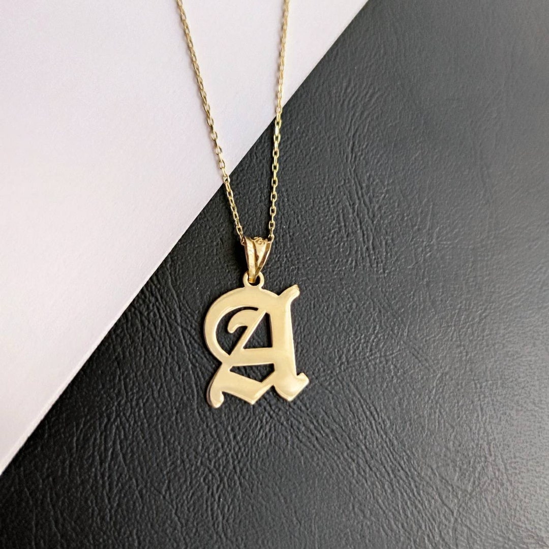 14K Solid Gold Initial Necklace Dainty Letter Old English - Etsy